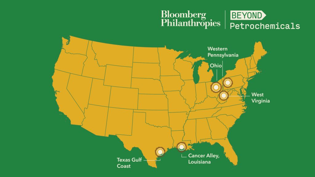 yellow map on green background with 5 dots indicating Western Pennsylvania, Ohio, West Virginia, Louisiana and Texas Gulf Coast