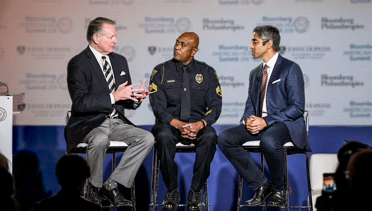 Mayor Steve Williams of Huntington, West Virginia, discusses his city’s response to the opioid crisis with Huntington Police Sergeant, Paul Hunter, at the Bloomberg American Health Summit in Washington, D.C.