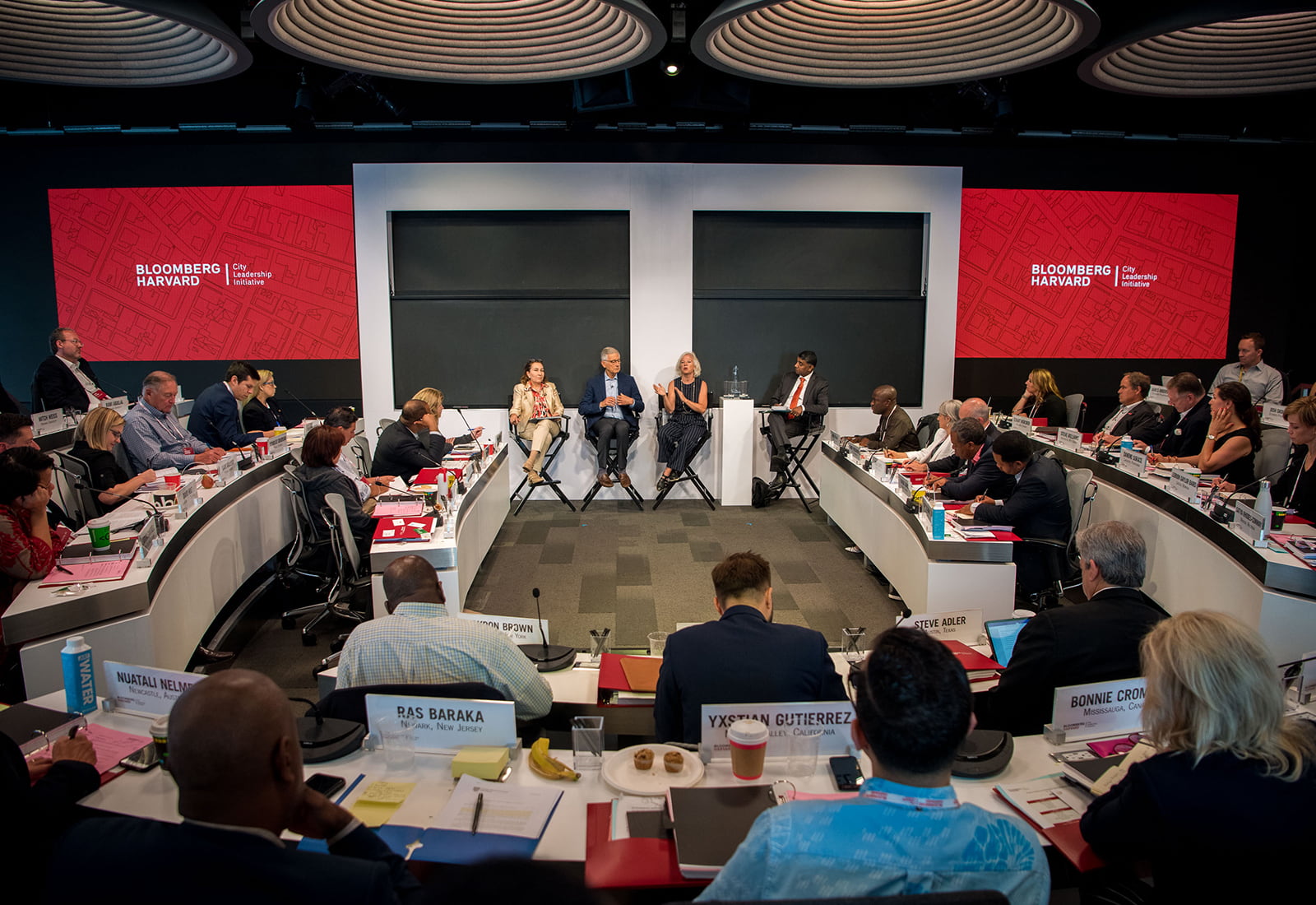 Senior Lecturer in Public Policy at Harvard University, Linda Blimes; Professor of the Practice of Urban Policy at Harvard University, Stephen Goldsmith; Bloomberg Associates Social Services Principal Linda Gibbs; and Senior Lecturer in Public Policy at Harvard University, Akash Deep speak on a panel during the 3rd class of mayors in the Bloomberg Harvard City Leadership Initiitative Program in New York City.