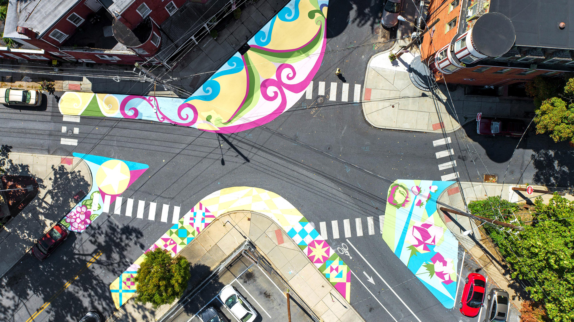 Overhead image of a five-way intersection