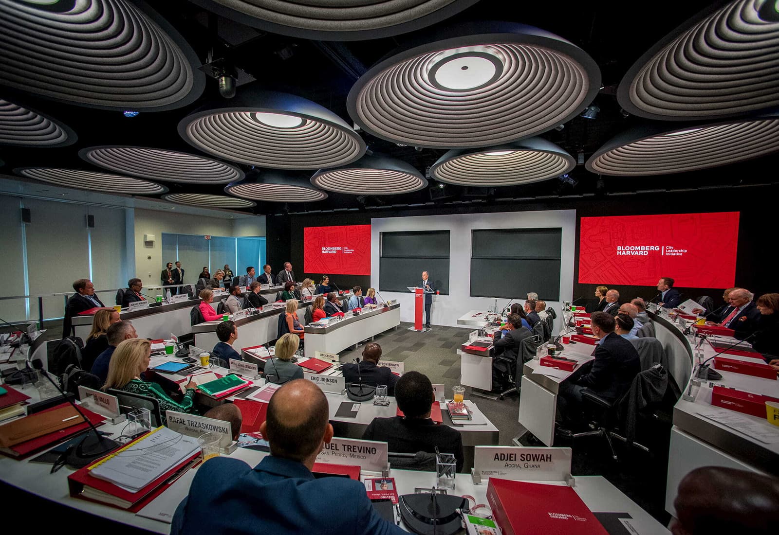 Mike Bloomberg addresses more than 40 mayors in cohort at the Bloomberg Harvard City Leadership Initiative program in New York City.